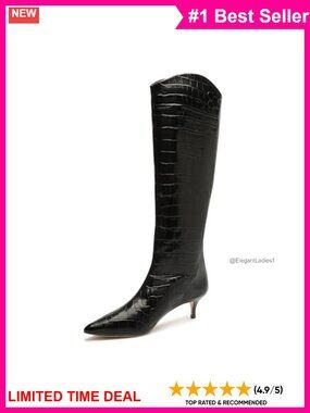Croc Embossed Leather Knee High Pointed Toe Kitten Heel Boots